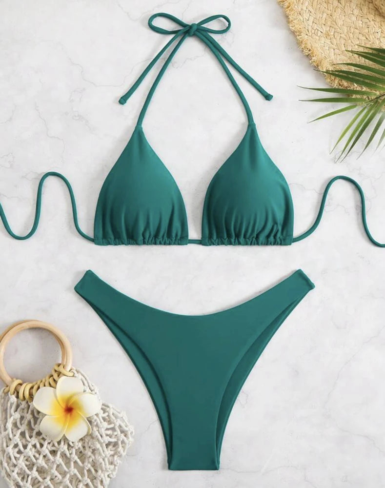 2 PCS Set UK 8-16 Size (S-XL)  8 Colors Women Thong Bikini Sexy Solid White/Black/Coffee Halter Swimsuit Lace Up Brazilian Bathing Suit New Double Fabric Beachwear