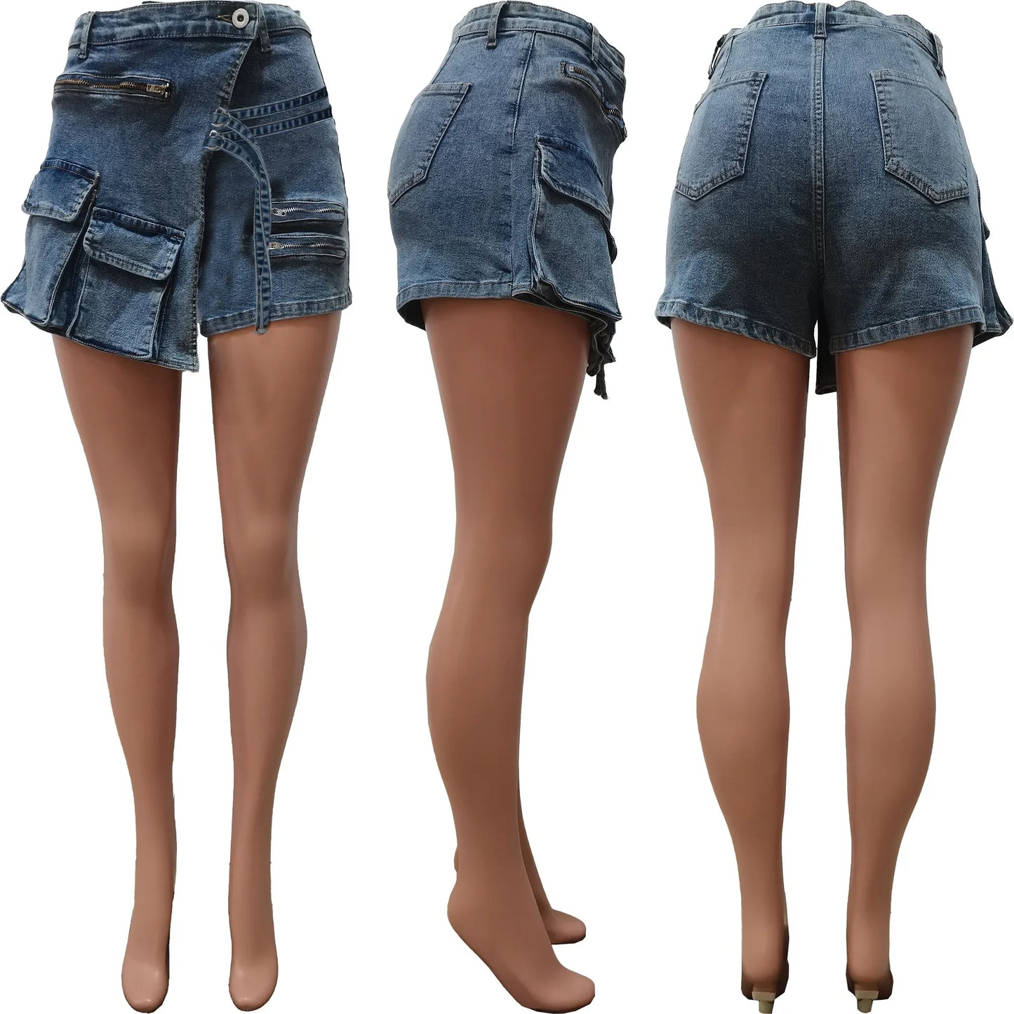 Women Zipper Fly Pocket Front Button Splicing A-line Skirt Jeans Shorts  Summer INS Denim Blue Denim Shorts