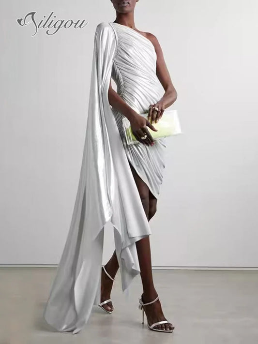 New Summer Women's High Quality Sexy One Shoulder Tight Irregular Draping Dress Elegant Celebrity Party Dress