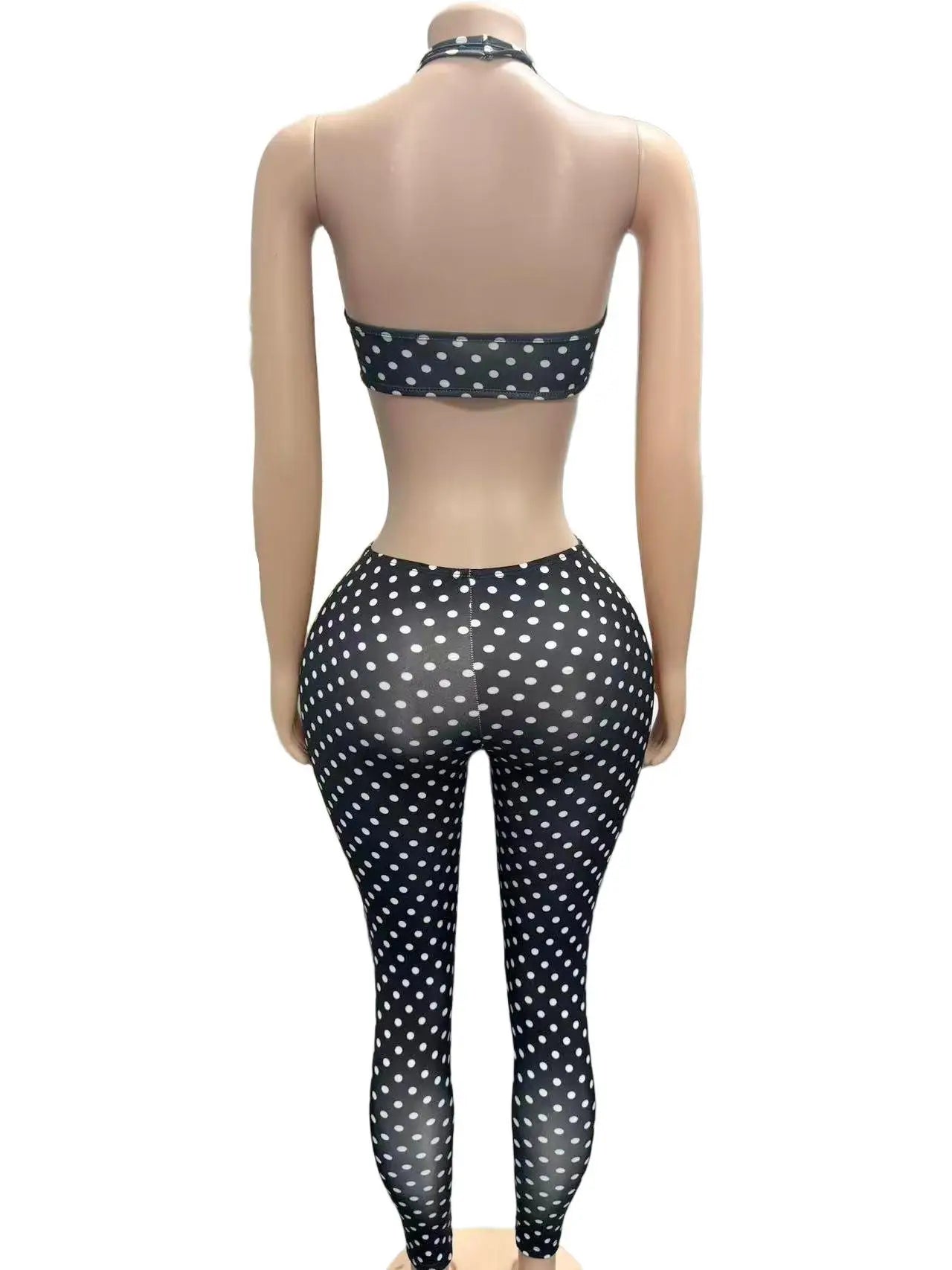Just Landed 2 PCS Set Black/White Color Polka Dot Halter Crop Top Set Hollow Out High Stretch Skinny Pants Y2K 2026 Women Sexy Night Club  Evening Party Tracksuit Female Apparel Sets Clothing Supplies