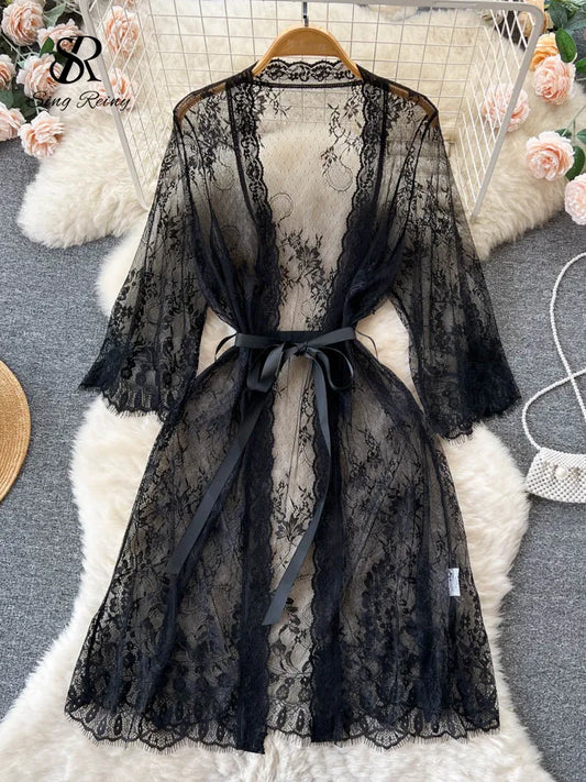 Mesh Sheer Sensual Cardigan Nightwear Women V Neck Lace Print Night Dress Summer Long Sleeve Lingerie Erotic Pajamas