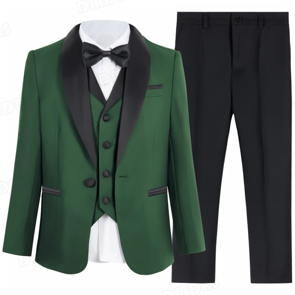 4 PCS Set Children Boy's Formal Suit Set, Regular Fit Smart Suits For Kid From 3 To 14 Years Shawl Neck Wedding Guest Outfit For Children Luxury Blazer Tuxedo Sets