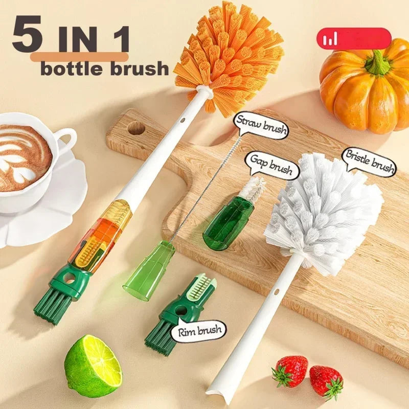 Water Bottle Cleaner Brush Silicone Detachable Scrubber Long Handle Narrow Milk Kettle Wineglass 5 In 1 Cleaner Kitchen Tool