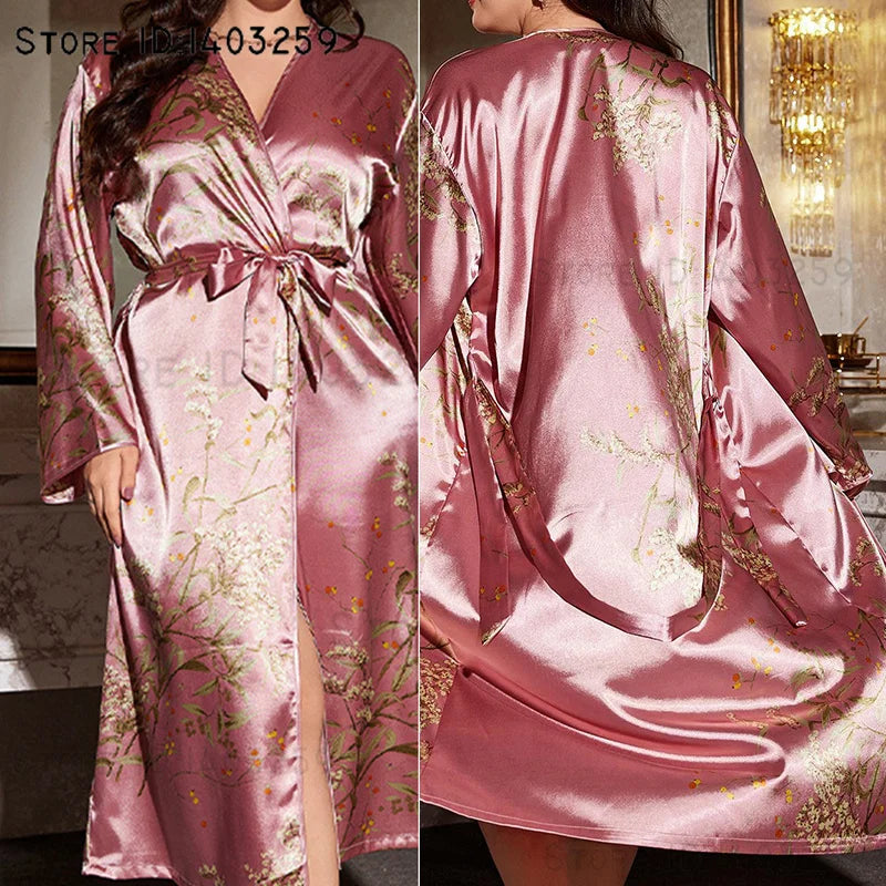 Plus Size XL-5XL 4 Colors Female Long Ice Silk Robe Sleepwear Spring Summer New Satin Kimono Bathrobe Gown Loose Casual Silk Satin Home Dress Lounge Wear