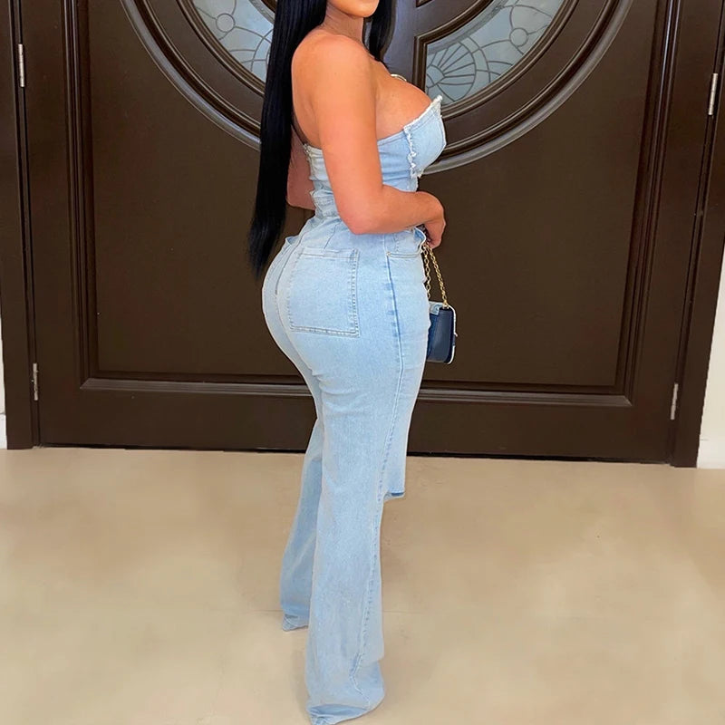 NEW Arrivals UK Size Casual Denim Jumpsuit Summer Women  Strapless V-Neck Zip Up Hole Street Trend Wide Leg Pants Club Romper With Pockets