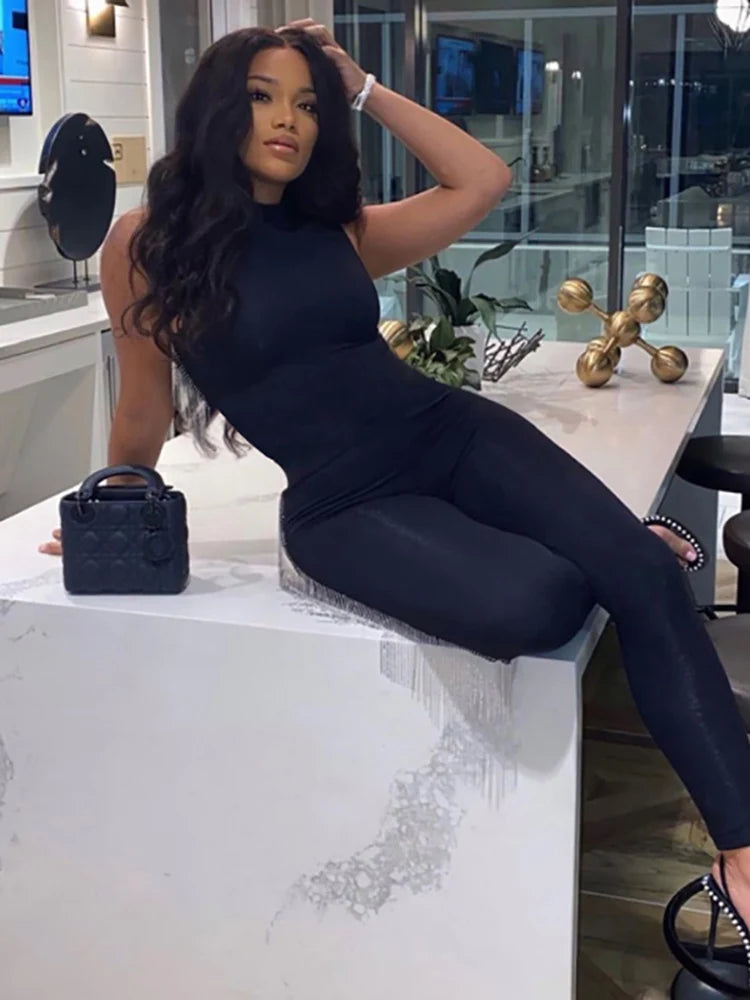 NEW Arrivals Women Sexy Sleeveless Skinny Jumpsuit Female Solid Zipper Fitness o-Neck Rompers Summer 2025 One Piece Outfit Streetwear Elastic Leggings Ladies Girls Sexy Fashion Clothing Supplies