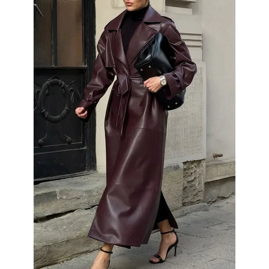 NEW Arrivals Autumn Winter Burgundy Lace Up Matte Leather Jackets Women Fashion Lapel Button Full Sleeve Long Coats New Street Outerwear Ladies Luxury Fashion Clothing Supplies
