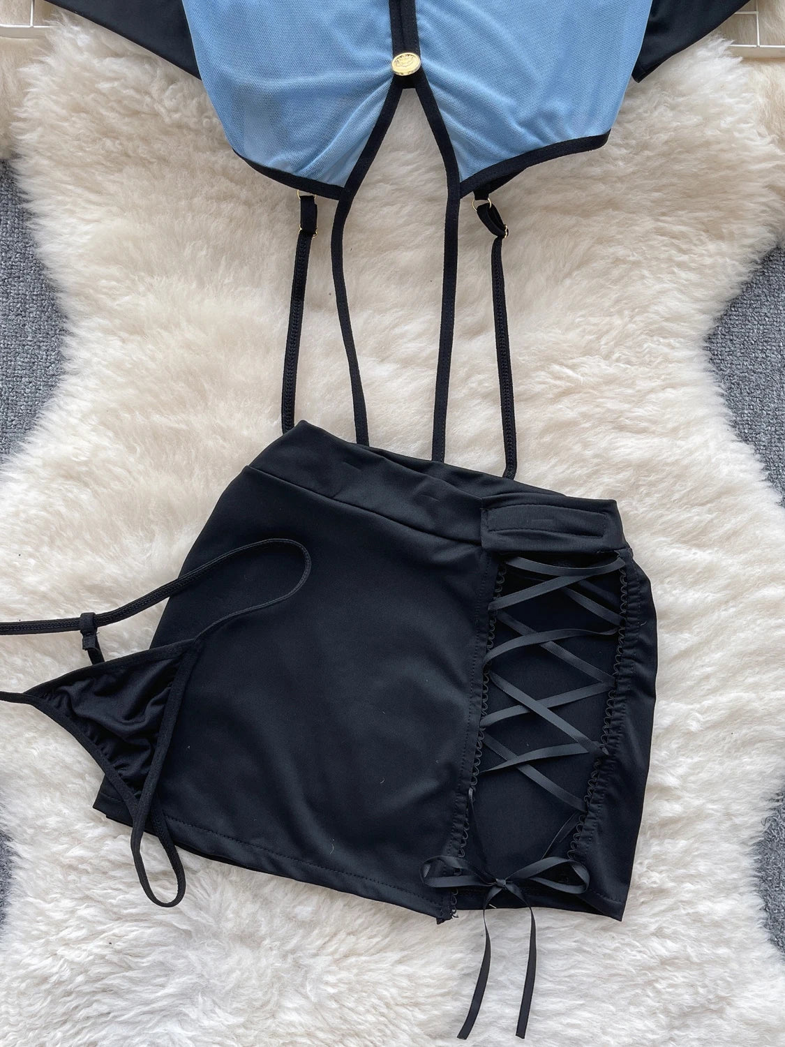 Women Preppy Style Sexy Uniform Sets 2024 V Neck Sheer Top+Lace Up Mini Skirt+Thongs Hollow Out Cosplay Porn Suits