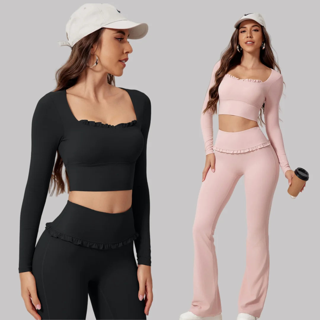 2PCS Set S-XL 6 Colors Naked Square Neck Yoga Set Sports Fitness High Waist Nude Quick-drying Long-sleeved Outdoor Running Workout Clothes Gym Suit