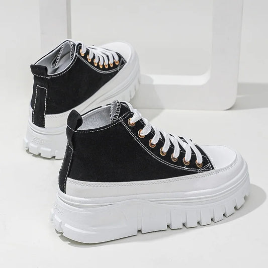 New Women Lace-Up Front High Top Platform Canvas Shoes Fashion Casual Comfortable Height Increasing Sneakers