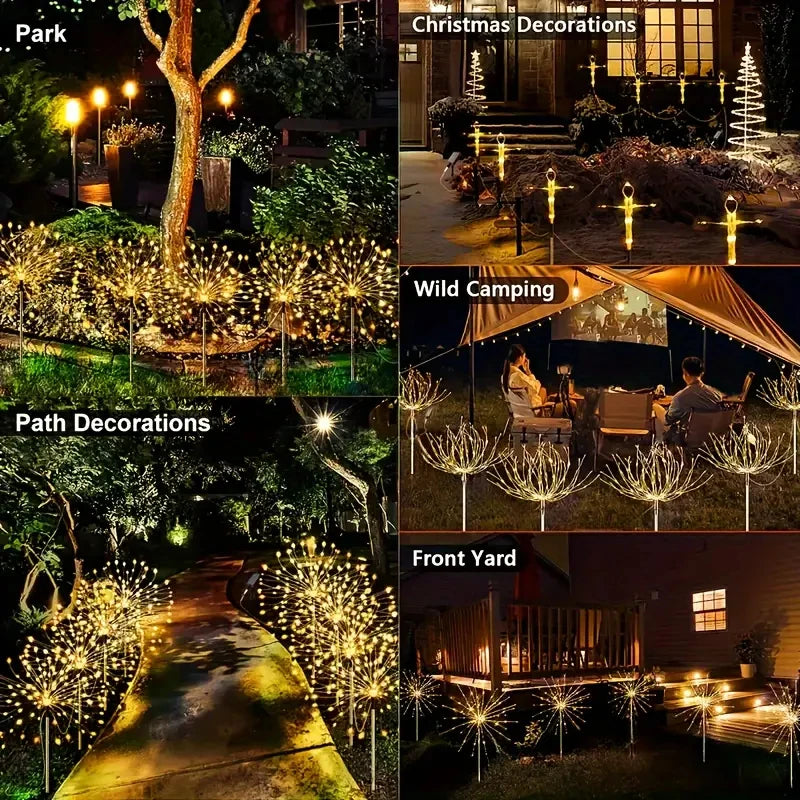 NEW Arrivals 4PCS Set Solar Garden Lights 200LED Waterproof Outdoor Lighting with Installation Hardware Firework Lights for Pathway Lawn Christmas Holiday Decoration Supplies