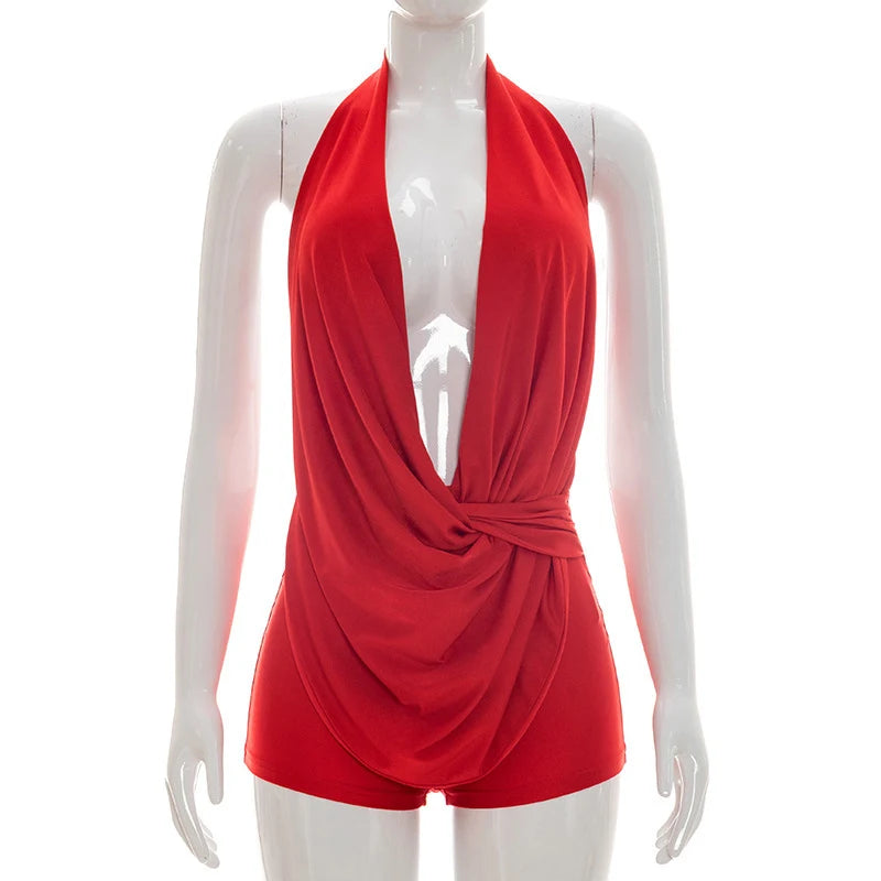 3 Colors Sexy Deep V-Neck Halter Backless Bodycon Rompers Woman Playsuit Sleeveless Ruched Jumpsuit Short Overalls Night Party Outfits