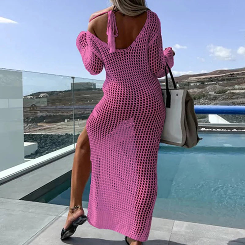 NEW Arrivals 5 Colors Sexy Casual Women's Beach Holiday Style Fishing Net Hollow Crew Neck Long-sleeved Bikini Swimsuit Fishnet Cover Up Split Maxi Dress