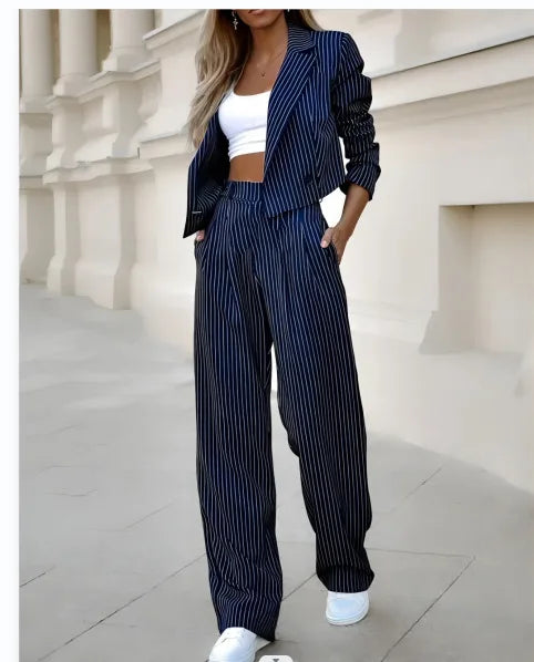 NEW Arrivals 2PCS Set UK S-2XL Size Black/Gray/Blue Women's Blazer Casual Striped Short Lapel Suit And Straight Pants + Jacket Suit Women's Streetwear Evening Party Night Club Suit