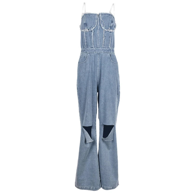 NEW Arrivals UK Size Casual Denim Jumpsuit Summer Women  Strapless V-Neck Zip Up Hole Street Trend Wide Leg Pants Club Romper With Pockets