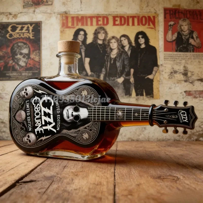 Ozzy Osbourne Lovers Tribute Guitar Shape Whiskey Decanter, Limited Edition 3D Relief Crystal Liquor Bottle, Premium Gift for Heavy Collection Home Drinkware Pub Bar Night Club Barware Accessories