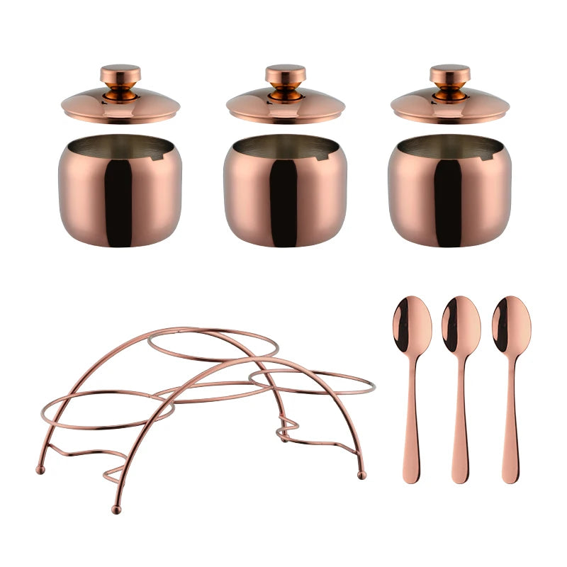 3 PCS Luxury Set + 3 Matching Spoons 304 Stainless Steel Gold Seasoning Condiment Pot Set Spice Salt Sugar Container Pepper Jar Tool with Lid and Spoon Holder Rack Home Tableware Tools Sets