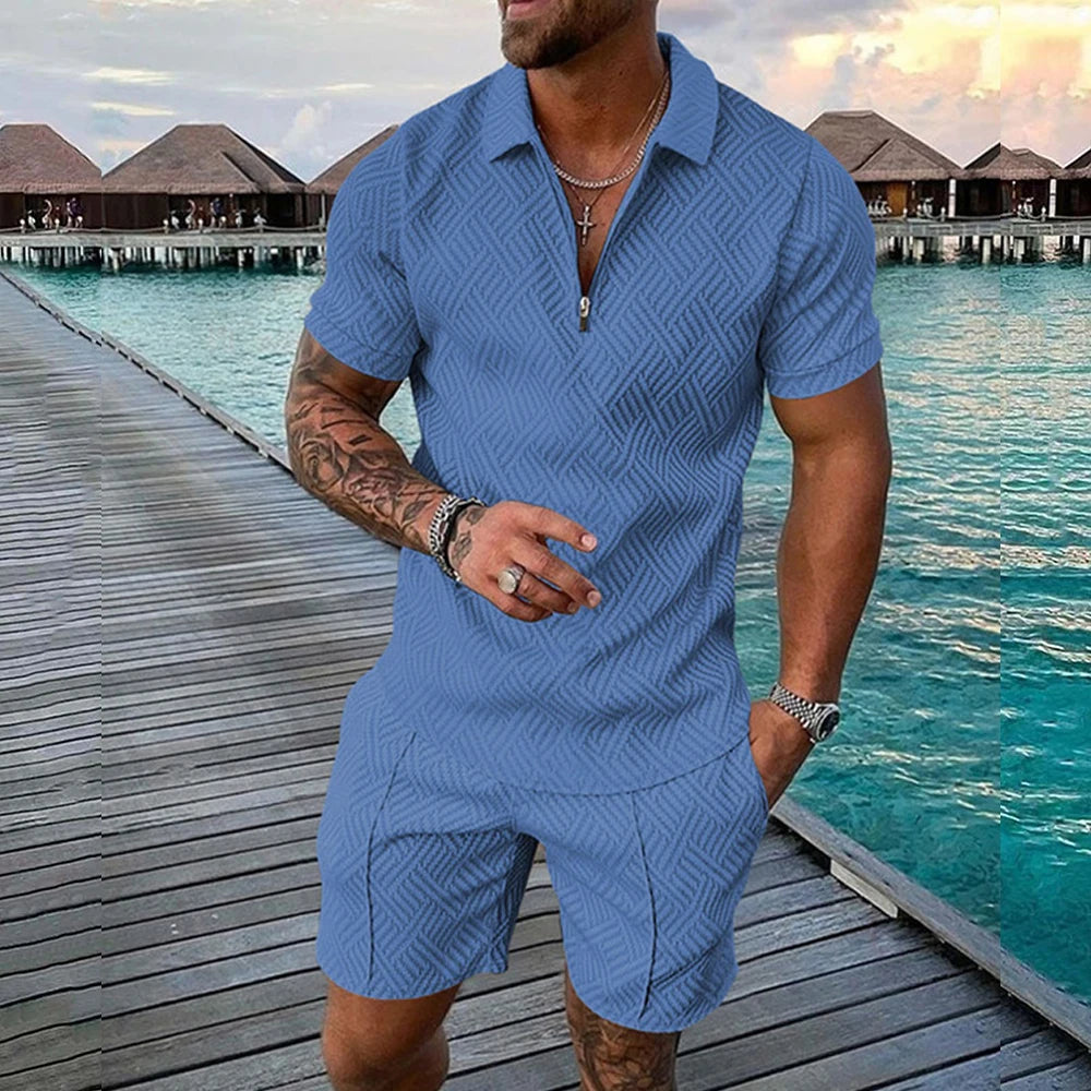 2 PCS Set S-5XL Plus Size for Curvy Men's Athletic T-Shirt Set Casual Mesh Lapel Short Sleeve Pullover Tops + Shorts  Solid Thin Sporty Suits Summer Casual Clothing Suit