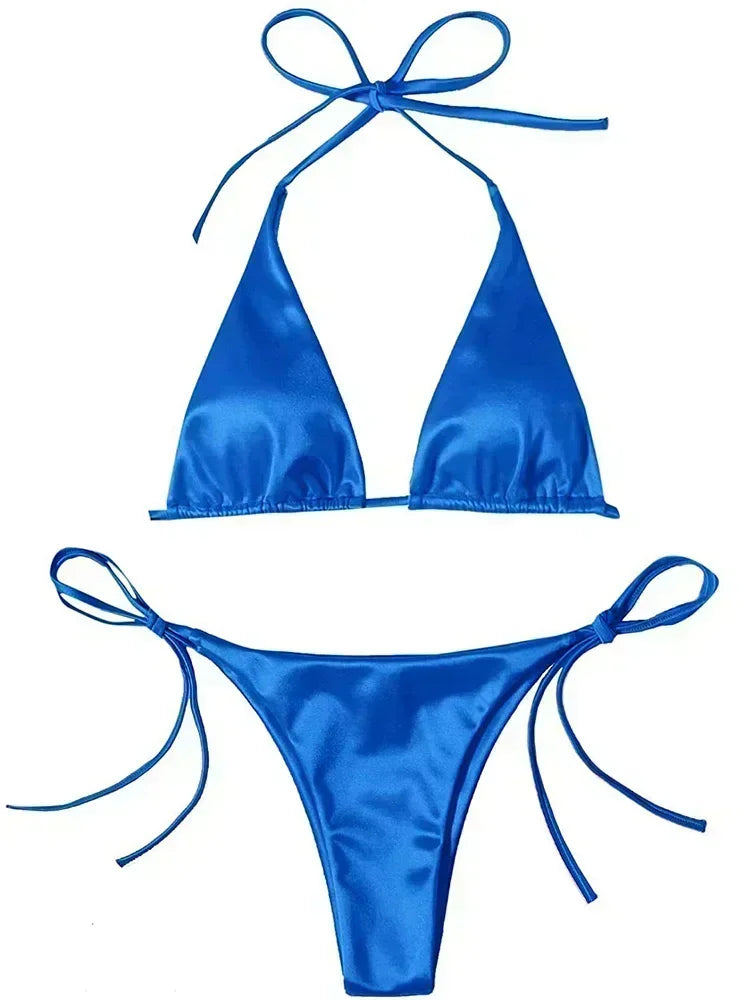 18 Colors UK Size Halter Brazilian Metallic Satin Bikini Women Swimwear Female Swimsuit Two-pieces Bikini Set High Cut Bathing Suit Swim Beachwear