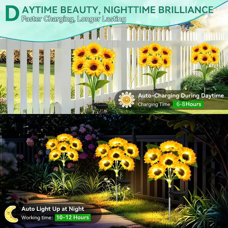2 PCS Bouquet (12 Heads) Home Villa Solar-Powered Outdoor Decorative Lawn Lights LED Sunflower Decor Pathway Ground Stake Light for Garden Street Patio Balcony Yard