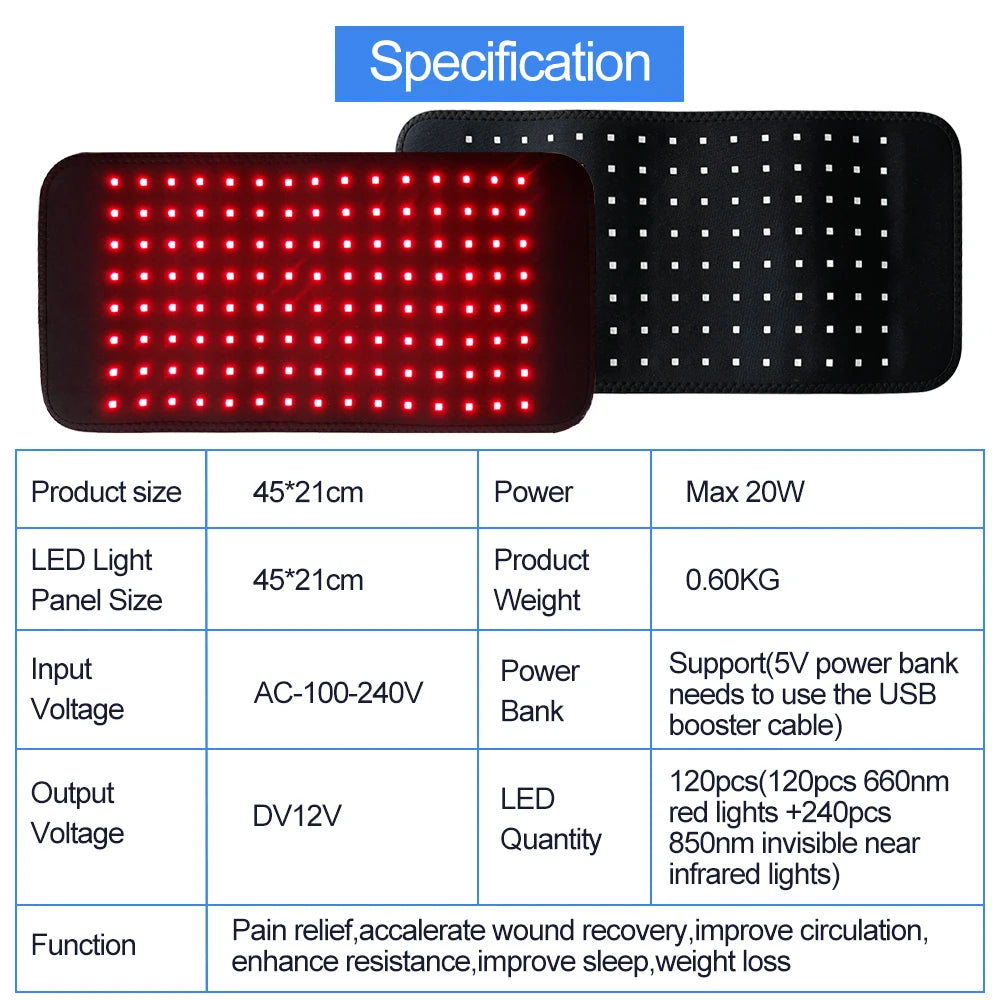 LED Red Light Massage Belt 120 LEDs Back And Waist Pain Relief Relax Belt Muscle Pain Relief 660nm 850nm Body Care Belt