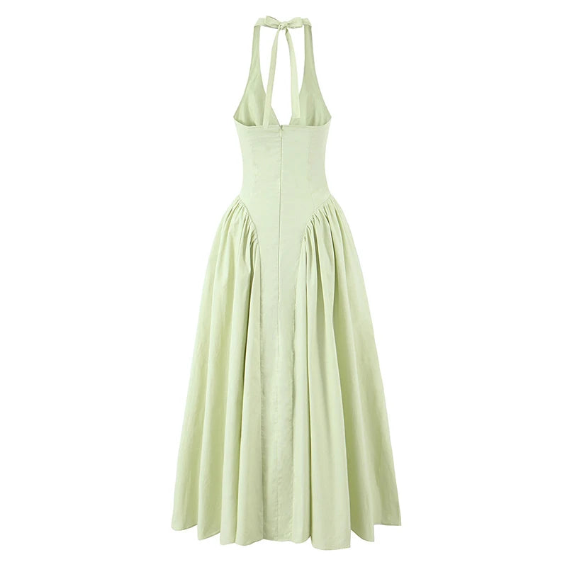 7 Colors  Sexy Backless Elegant Halter Dress For Women Low Waist A-line Midi Summer Evening Party Dresses Cotton Gowns