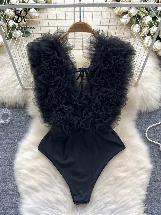 UK Size 5 Colors Sexy 3D Flowers Spliced Sheath Bodysuits Club Lace Up V Neck Playsuits Fashion Streetwear Backless Sensual Rompers