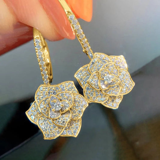 NEW Arrivals Belgian Fashion Luxury Golden/Silver Flower Earrings for Women Full Cubic Zirconia Bling Bling Female Ear Accessories Dance Party Novel Jewelry Sets