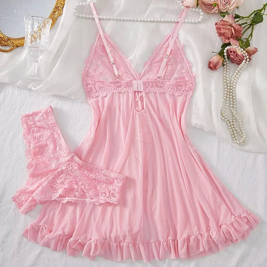 NEW Arrivals 2PCS Set Black/ Pink/Wine Red Color Transparent Sexy Lingerie Women Panties See Through Sleepwear Lace V Neck Nightdress And Thong Sets Female Underwear Briefs Set