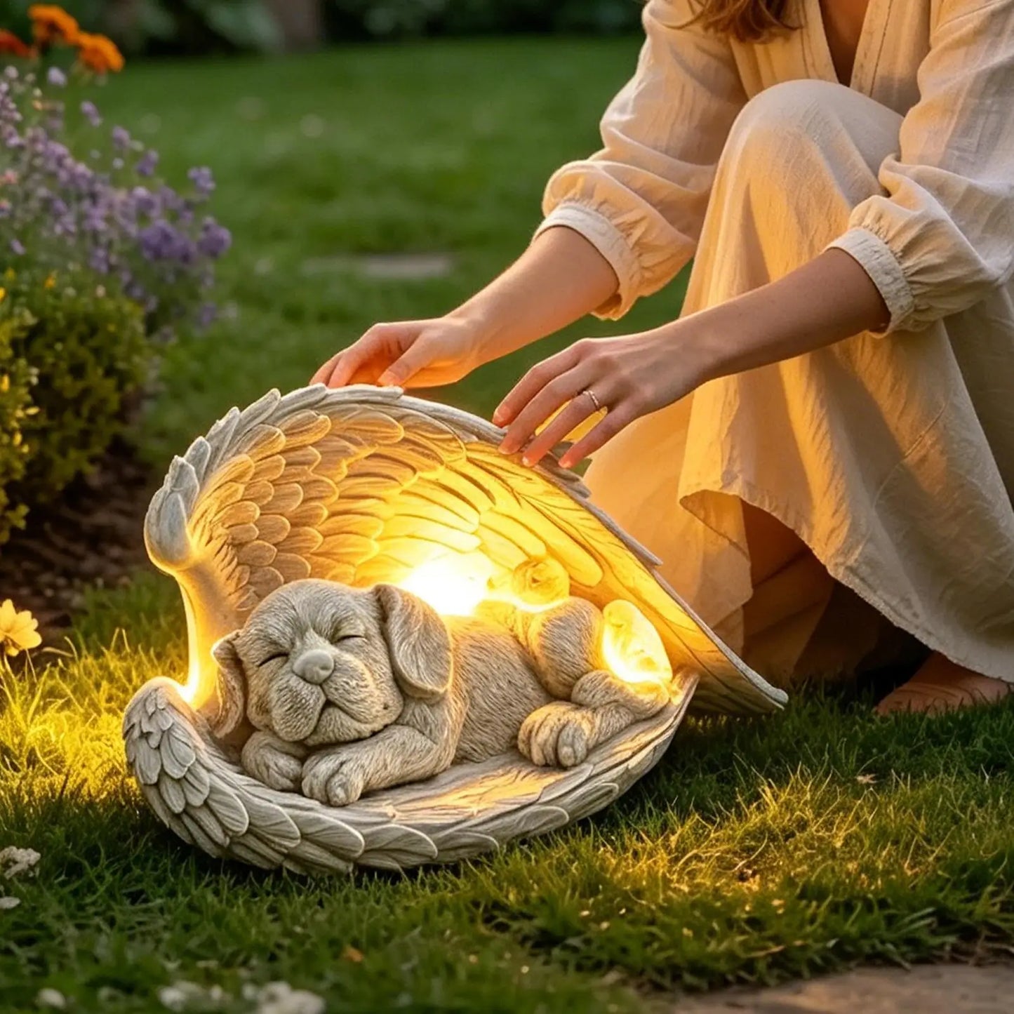 Dog Cherub Solar Lights Statue Outdoor Garden Lawn Memorial Sculpture With Solar Light Waterproof Resin Dog Garden Statue For Yard Lawn Garden Porch Pets Memorial Supplies