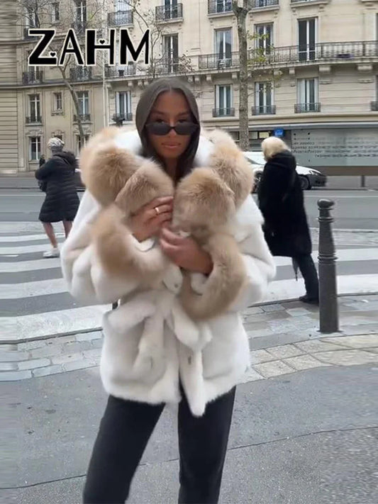 NEW UK Size Black/White/Gray Color Elegant Collar Fur Lace Up Coat Women Loose Full Sleeve Open Stitch Lapel Warm Coats Female Autumn Winter Thicken Top New Girls Winter Outwear