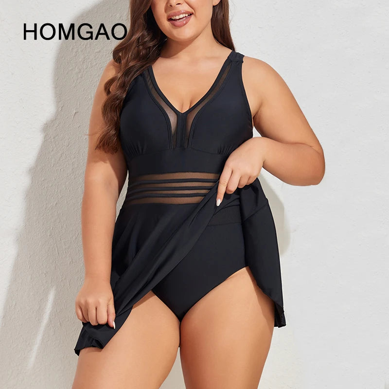 Neck Mesh Sheer Swimwear Women's Plus Size Floral Swimdress Tummy Control One Piece Swimsuit Bathing Suit Monokini