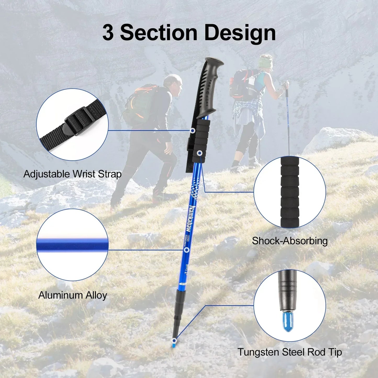 2 PCS Set 70-135cm (Length)Climbing Mountaineering Anti Shock Adjustable Hiking Trekking Poles Lightweight Aluminum Walking Sticks 3-Section Telescopic Non-Slip Iced Snow Hiking Camping Sport Activities Accessories