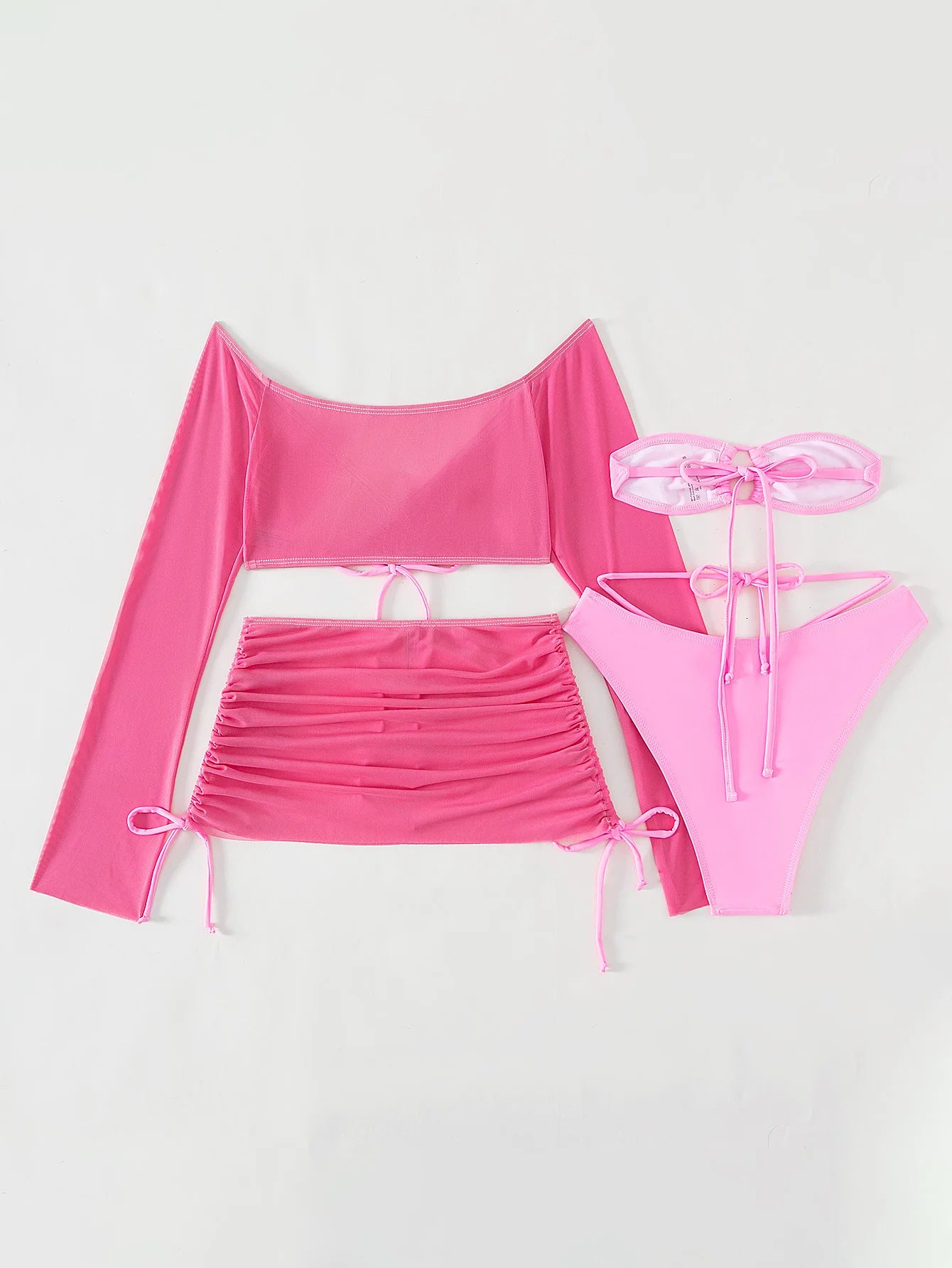 NEW Arrivals 4PCS Set - 4 Colors Women Girls Sexy Sheer Bikini Set, Bandeau Bra, High Cut Bottom, Drawstring Cover Up Top, Skirt, Summer Water Pool Beach Bathing Suit Female Ladies Summer Swimwear Swimsuit Fashion Apparel Sup