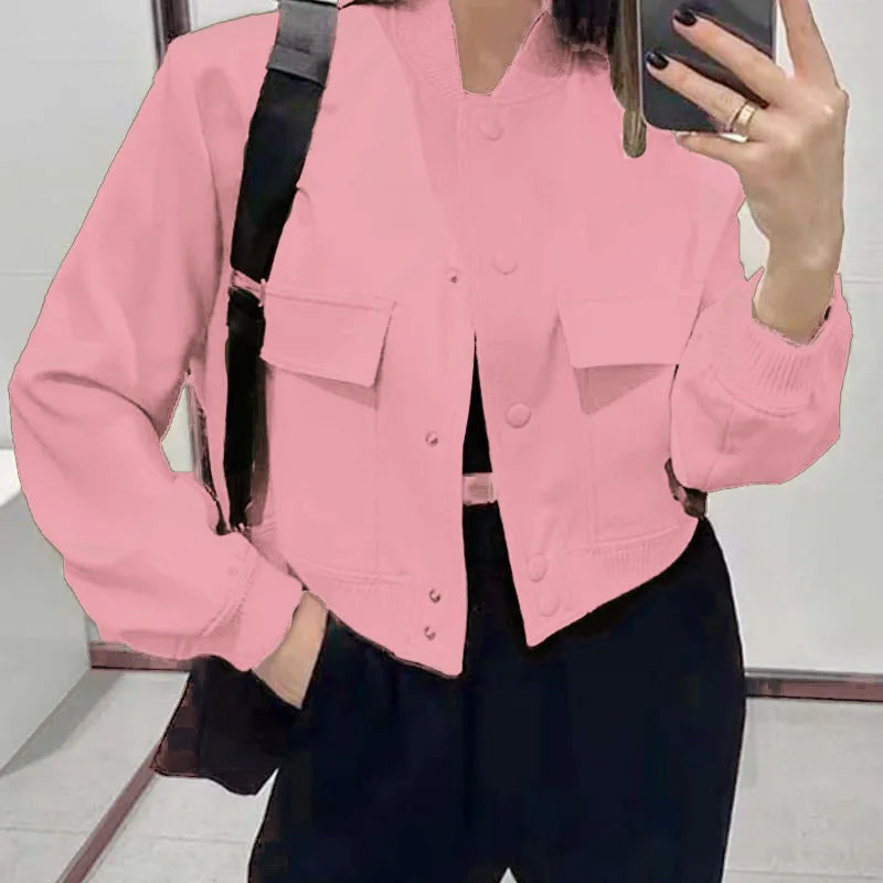 NEW Arrivals S-3XL 4 Colors Fashion Women Elegant Solid Bomber Jacket Long Sleeve Button Slim Cropped Coat Female Casual Chic Tops Woman Streetwear