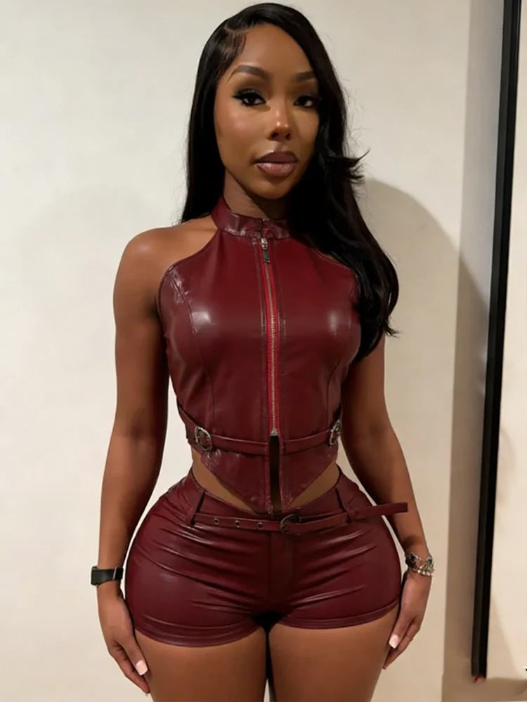 2 PCS Set Black/Red Color S-2XL UK Size Belt PU Leather Women Sexy Zip Halter Tank Top + Shorts Hipster Skinny Midnight Luxury Clubwear Outfits