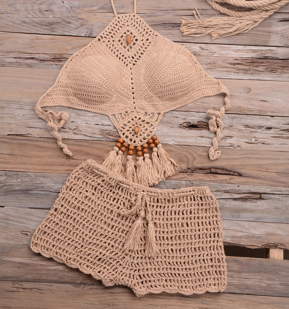 Handmade Bohemian Women Girls  Bikini 2PCS Set Crochet Knitting Mini Bra Top With Short  Swimsuit  Pareo Beachwear Suit Female Sexy Ladies Summer Beach Luxury Fashion Clothing Supplies