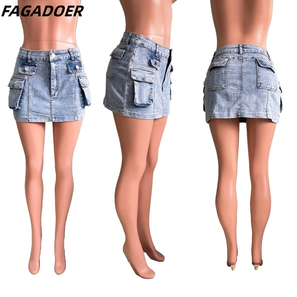 NEW Arrivals S-2XL Blue Denim Classic Pockets Cargo Mini Skirts Jean Skirt Y2K Vintage High Waist Stretchy Casual Jean Short Skirt Girls Casual Fashion Clothing Supplies