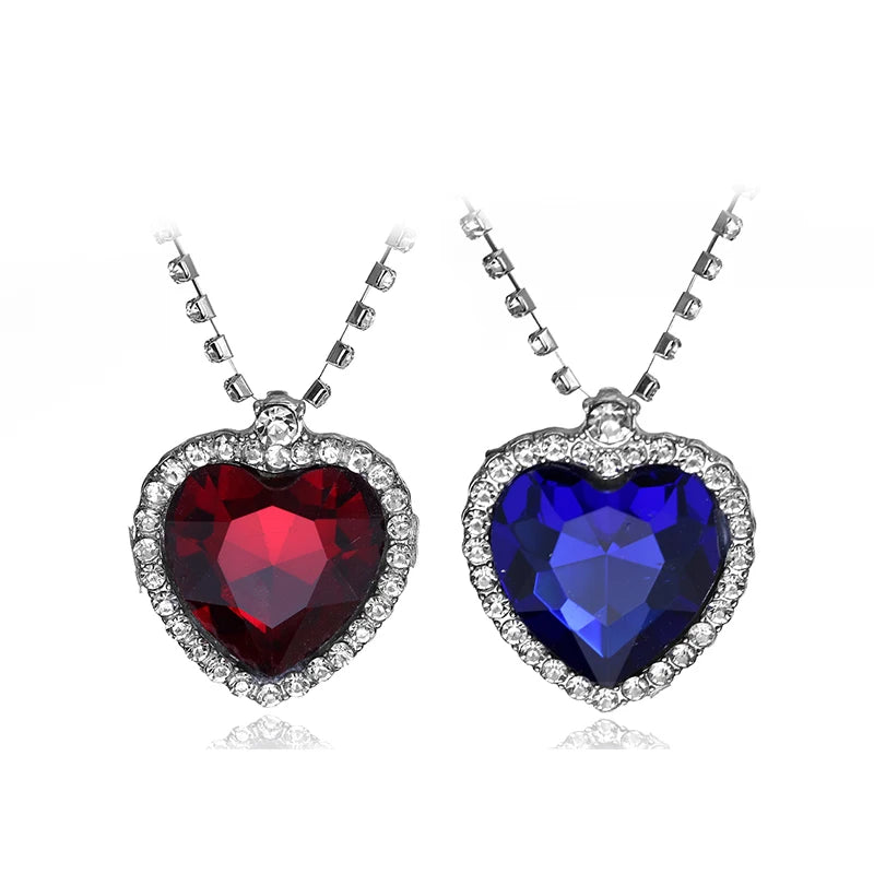 Titanic Heart Of Ocean Blue Crystal Love Heart Pendant Necklace for Women Full Rhinestone Chain Collar Lover Forever Jewelry