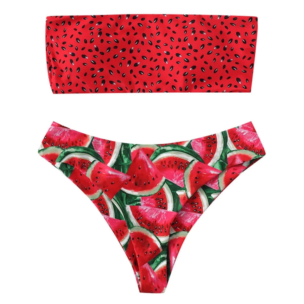 Summer Fashion Watermelon Print Bikini Swimsuit Ladies Sexy Push Up Bra Bikini Two Piece Swimwear Beach Holiday Bathing Suit