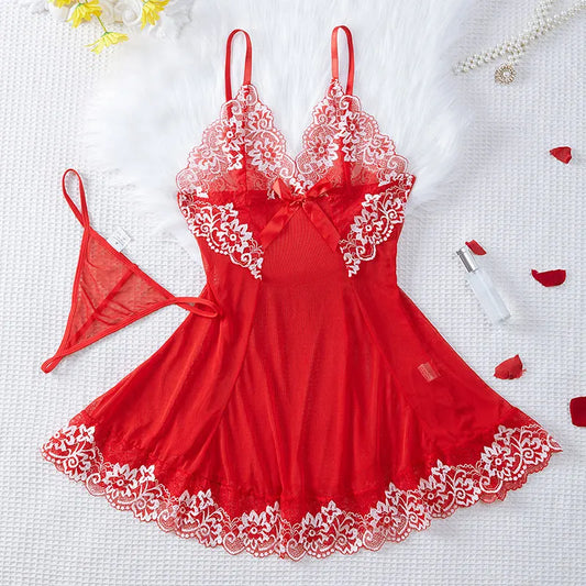 2 PCS Set S-2XL Plus Size Nightdress + Panty Pajamas Sets Women Underwear Lace See Through Sleepwear Sexy Lingerie Dress Female Sexy Nightwear For Night Party Sets