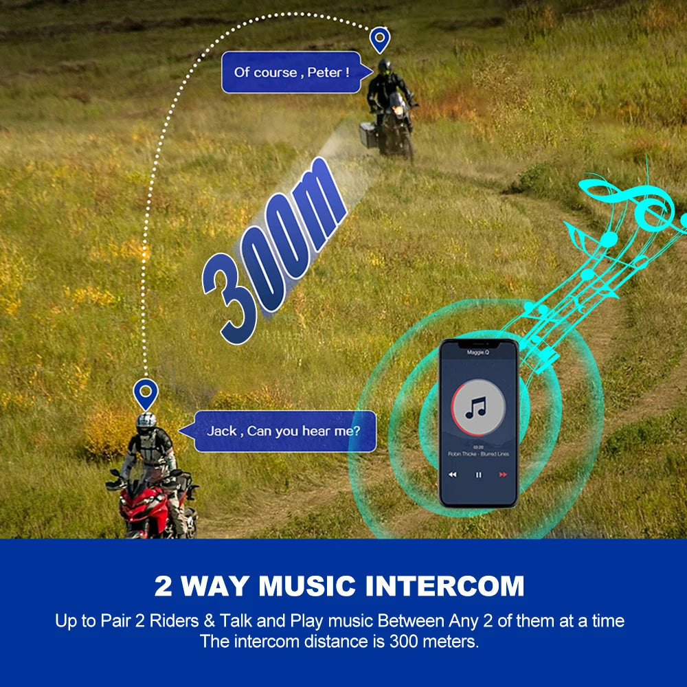 1/2x Music Interphone Bluetooth 5.3 Motorcycle Helmet Intercom Headset Waterproof 300m Play Music and Calls Simultaneously