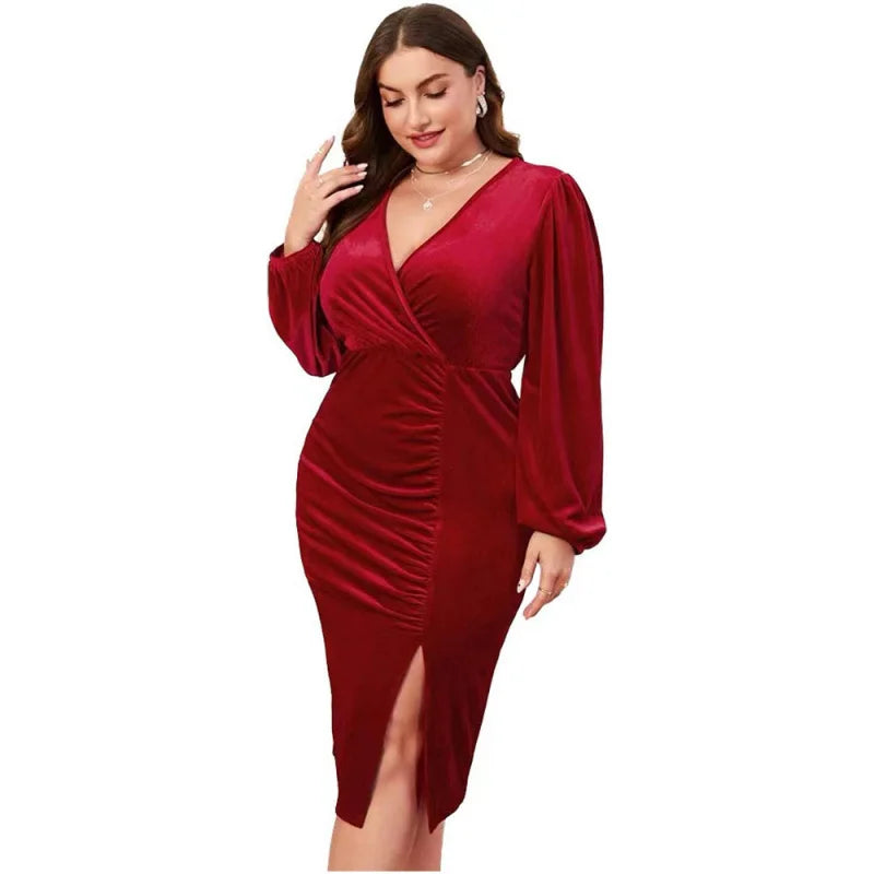 For Curvy Ladies XL-3XL Plus Size Women's Clothing European and American Winter New Sexy Slim Fit Bodycon Split Long Sleeve Velvet Dress