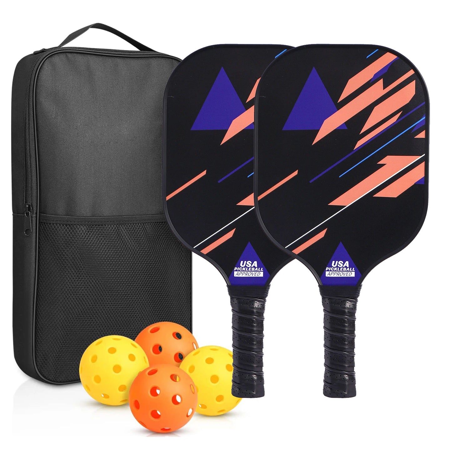 NEW Full Set Professional Fiber Glass Top Quality Pickleball Paddles Set of 2 USAPA Approved Fiberglass Pickle Ball Paddles with 4 Pickle Balls Durable Beach Rackets for Beginners Sports Accessories