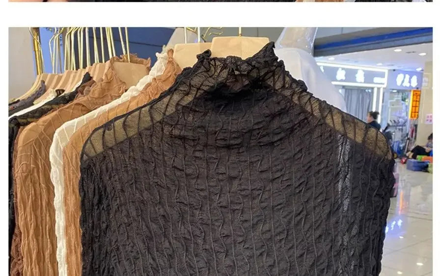 NEW Arrivals S-2XL 6 Colors European Style Polo/Turtle Neck Lace Base Layer Top Women's Long Sleeve 2021 Spring Autumn Thin Versatile Transparent Inner Top