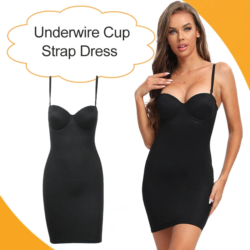 Slimming Full Length Shapewear Slips Nude Straight Tube Dress Body Shaper Women Skinny Under Dresses Underwire Cup Black