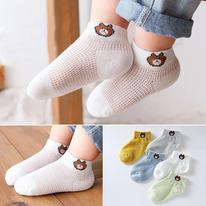 5 Pairs Set 0-12Y Summer Cotton Newborn Kids Socks Cute Cartoon Thin Mesh Baby Short Socks Dinosaur Bear Children Socks for Boys Girls Apparel Accessories