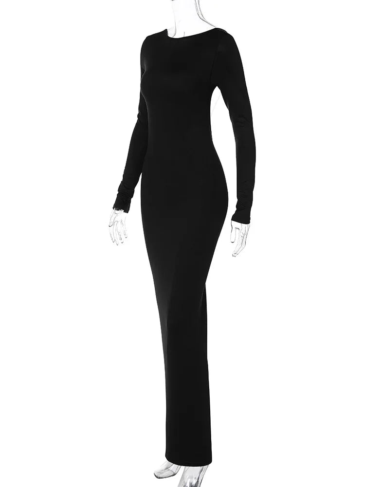 NEW Arrivals UK Size Black/Burgundy Color Sexy Hot Open Back Backless Shirring Slim Bodycon Maxi Dress Women Long Sleeved Solid Color Skinny Evening Party Dress Elegant Club Party Maxi Gown