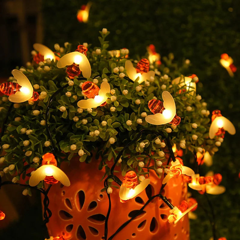 New Solar Powered Cute Honey Bee Led String Fairy Light 5m 20leds Bee Outdoor Garden Fence Patio Christmas Garland Lights 2023