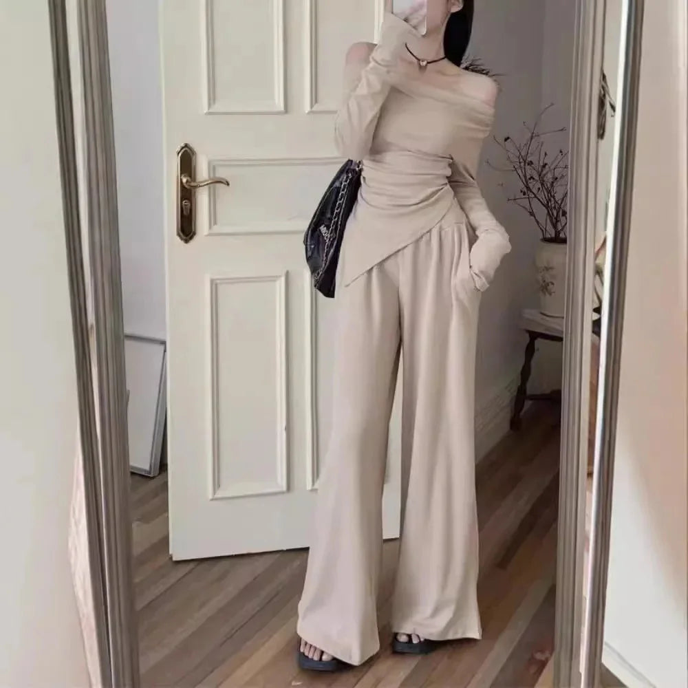 NEW Arrivals 2PCS Set M-2XL Black/Apricot/Gray Color Off-Shoulder Long Sleeve Elegant Suit Slimming Top And Smoothing Bottoms Women's Autumn Bell Pants High-End Feel